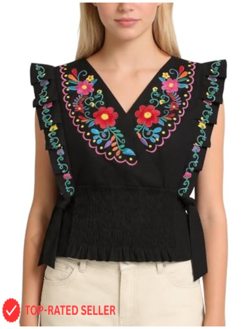 Women's Mexican Embroidered Tunic Top Sleeveless V Neck Ruffle Sleeve Smocked